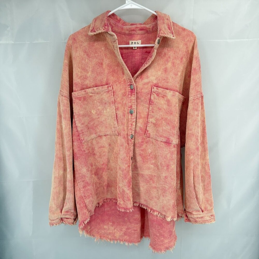 POL Women S Corduroy Jacket Pink Ombre Distressed Raw Hem Long Sleeve Oversized